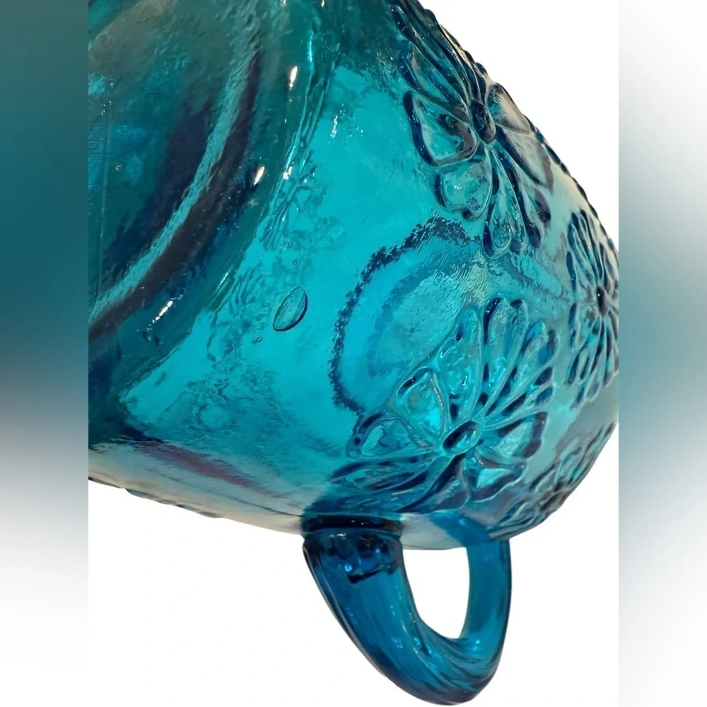 Cobalt Blue Glass Water Pitcher Vtg. 1960’s Embossed Floral Mid Century Modern